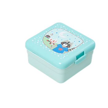 kleine lunchbox in blau mit waschbär bei heldenkind