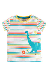 Frugi - Isla Applique Tee -  Rainbow Stripe Dino