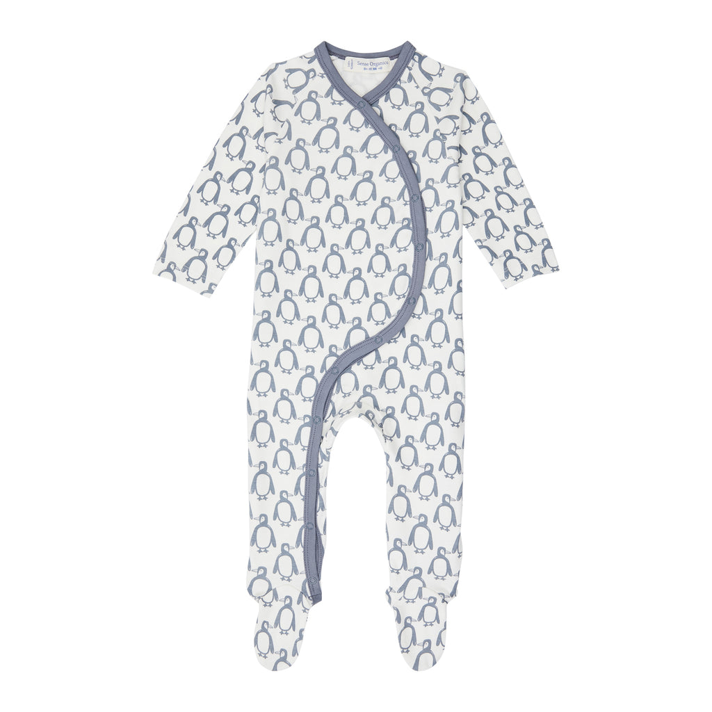 Sense Organics - VALO Baby Wrap Growsuit langarm AOP Penguin Stone Blue