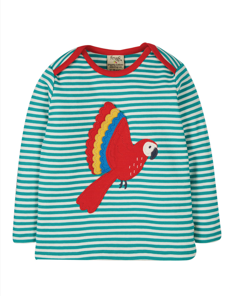 Frugi - Bobby Applique Top -  Jewel Fine Stripe Parakeet