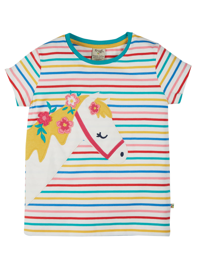 Frugi Camille Applique Tee -  Soft Multistripe Horse