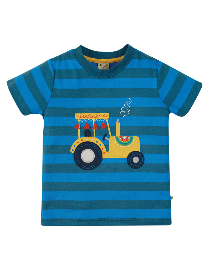 Frugi Sid Applique T-shirt -  Blue Stripe Tractor