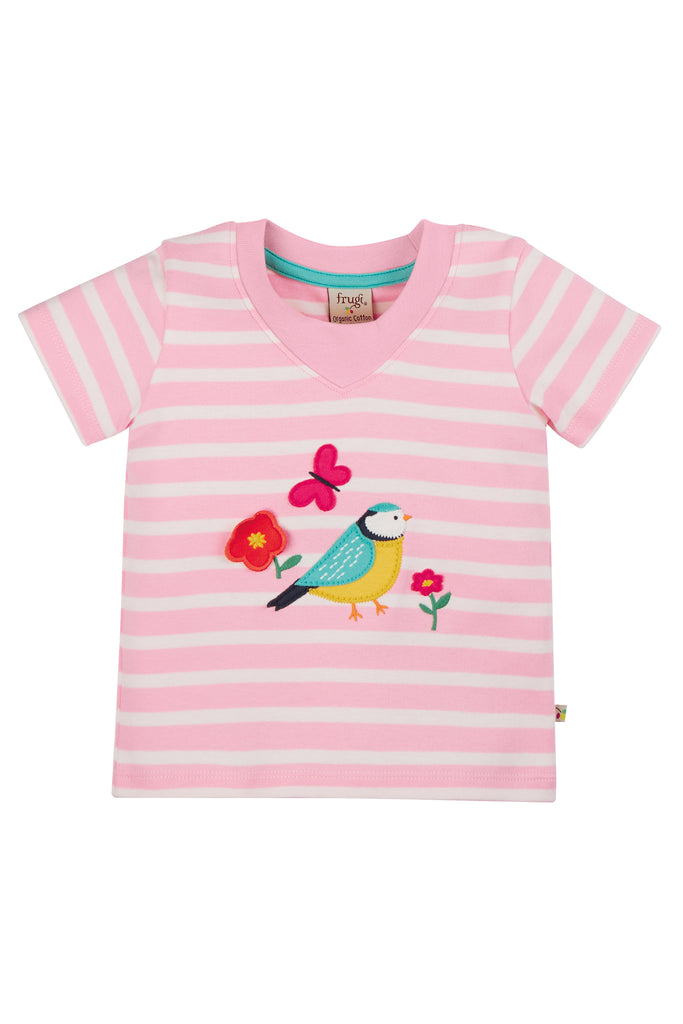 Frugi - Easy On Tee -  Twin Flower Pink Stripe Bird