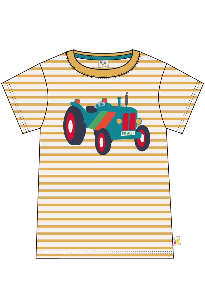 Frugi - Sid Applique T-shirt -  Bumblebee Stripe Tractor